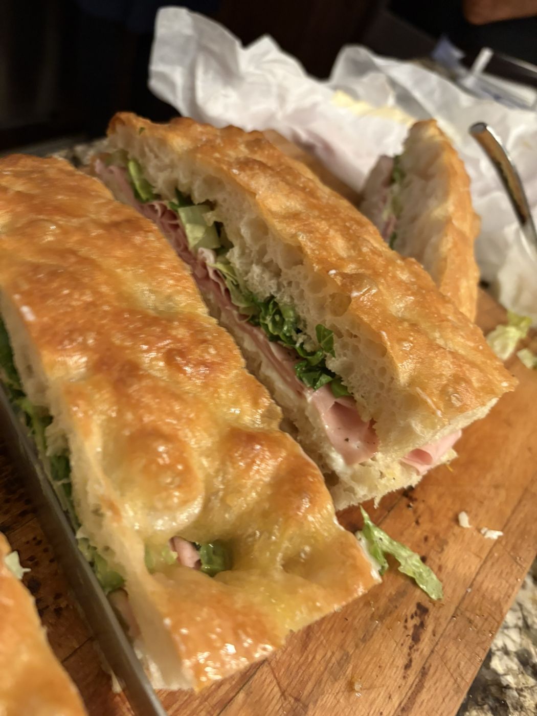 Focaccia sandwich with mortadella and greens